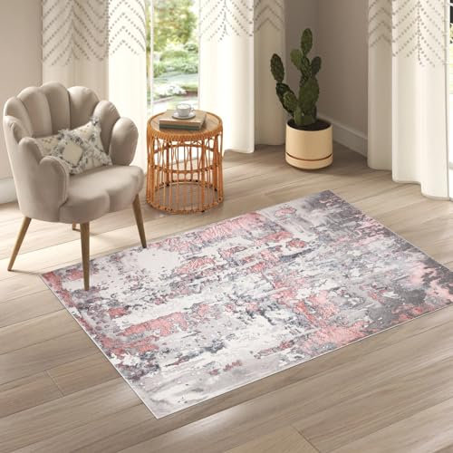renoazul® Non Shed Jute Backing Washable Rugs, 80 x 150 cm, 2 ft 7 in x 4 ft 11 in, Abstract Pink, Soft Pile Turkish Carpet for Lounge, Garden, Patio, Sitting and Hall