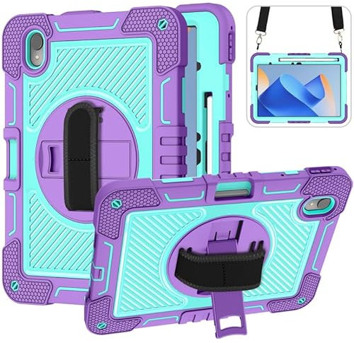 Custodia per tablet per Huawei Matepad 11 2023, resistente, robusta, a tre strati, antiurto, con cavalletto girevole a 360 gradi, con tracolla, viola menta