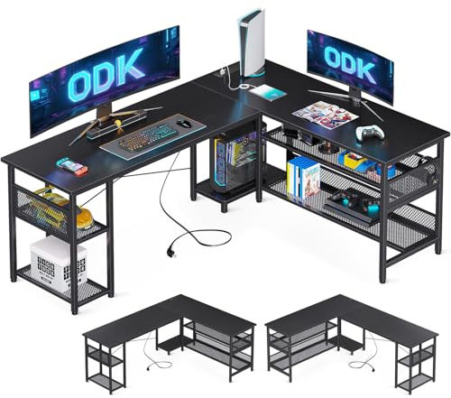 ODK L Shaped Gaming Desk, 168 x 120 cm Reversible Computer desk with 2 Sockets and 2 USB Charging Ports, Corner Desk with Storage for Home Office Black