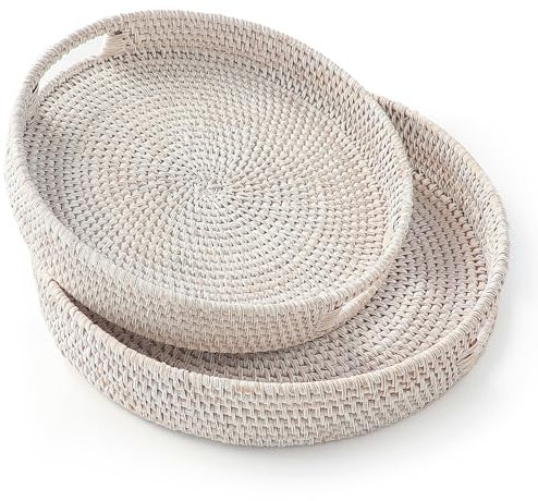 HITOMEN Hand-Woven Round Rattan Serving Tray Decorative Ottoman Wicker Platter with Handles for Coffee Table, Breakfast, Drinks, Snack, Bread, Fruit, Vegetables (Whitewash Set of 2: M+L)