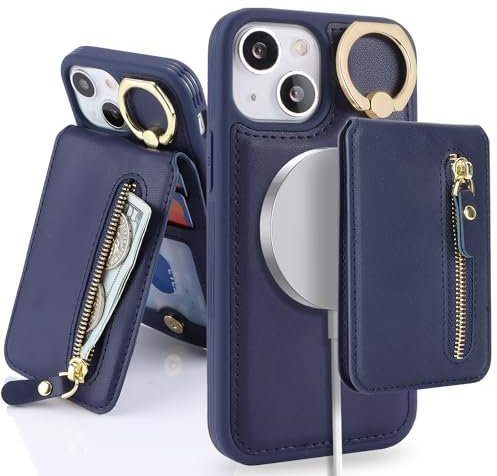 SailorTech iPhone 13 Mini Phone Leather Case with Credit Card Holder Magsafe, iPhone 13 Mini Case Ring Stand with Kickstand Card Slots Wallet Detachable 2-in-1 Zipper Case - Navy Blue