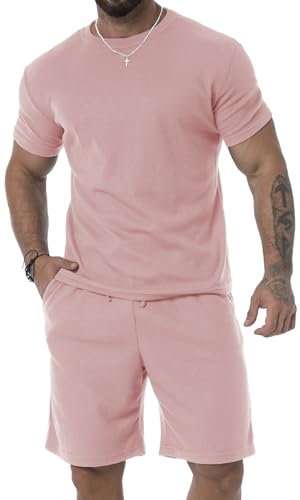 KUYIGO Pantaloncini estivi da uomo e camicia tuta 2 pezzi casual traspirante abito t-shirt allentato, rosa, XXL
