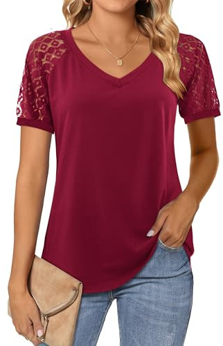 Beluring Women's Blouses Summer Tee Shirt Lace Short Sleeve T-Shirts V-Neck Tops, Burgundy Size 16-18