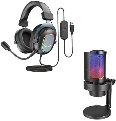 FIFINE USB Mikrofon PC und Gaming Headset, Podcast Microphone mit Mikrofonständer und Over Ear Kopfhörer mit 3 EQ Modi Kabel RGB Steuerung, für Streaming Studio MacOS Windows PS4 PS5 (A8+H6)