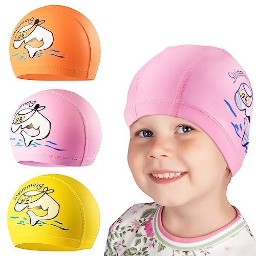 RETON 3 Bonnets de Bain, PU Enduit imperméable à l'eau Bonnet Piscine Enfant pour Les Filles garçons, Mignon Enfants Cartoon Bonnet Bain Cheveux Longs et Courts (Rose/Jaune/Orange)