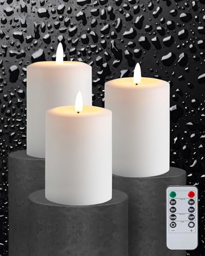 Gmnee 3x4 Flickering Flameless Candles with Remote Timer, Real Wax, White Pillar Candles, Set of 3 Large LED Battery Operated Candles for Home, Fireplace, Centerpiece, Rustic and Farmhouse Decor