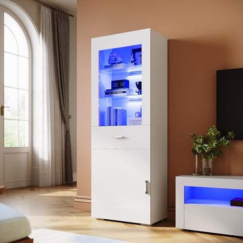 ELEGANT White Gloss Sideboards Cupboard Tall Display Cabinet Unit with LED Lights, Drawer & Shelves Bookcase Furniture for Living Room Bedroom, H165xW60xD35cm