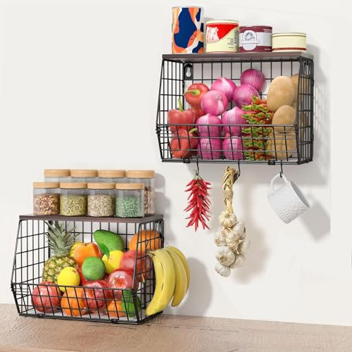 Hykiee Fruit Baskets for Kitchens, 2 Pack Metal Fruit Bowl Rack with Wood Lid & banana Hanger, Countertop/Wall Hanging Kitchen Organizer and Storage for Vegetable Veg Potato Onion, Breads and Snacks