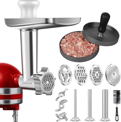 Accesorio picador de carne para batidora de pie Kitchenaid, con 3 cuernos para embutir salchichas, 3 cuchillas para picar, 4 discos para picar y prensa para hamburguesas (acero inoxidable)