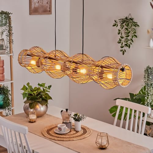 hofstein Suspension Cardeira de, suspension à 4 ampoules en métal/bambou noir/naturel, suspension au design scandinave, style bohème, max. 170 cm, E27, salle à manger, salon, cuisine