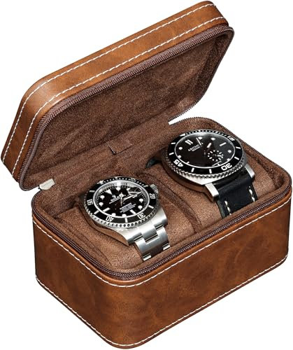 ROTHWELL Reiseetui für 2 Uhren für Herren, kompakte Schutzhülle aus PU-Leder mit Mikrovelours-Innenseite, passend für Uhren und Smartwatches bis 55 mm (hellbraun/braun)