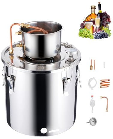 VEVOR Alcohol Still, 8 Gal / 30 L Stainless Steel Water Alcohol Distiller with Copper Coil, Home Brewing Refining Fermentation Kit with Thermometer, for Wine Whisky Brandy, Silver
