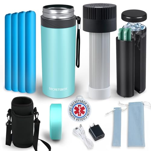 Insulin Kühlbox Elektrisch, 2-8℃ Medikamenten Kühlbox für Reisen, USB Insulin kühltasche TSA Genehmigt Tragbare Medikamenten Kühler mit 4 Biogel-Kältepackungen, Grünliches Blau