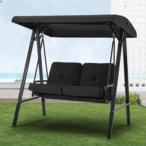 UNIONLINE 2 Seater Garden Swing Chair, Outdoor Swing Chairs Thick Padded Seat with Adjustable Tilting Canopy, Hammock Chair Bench For Garden/Balcony/Terrace/Patio(Black)
