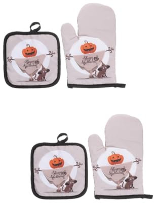 Cabilock 2 Sets Oven Mitts Pit Holders Pot Lid Ninja Barbecue Halloween Oven Glove for Kitchen Utensils Halloween Non- Slip Oven Glove Exfoliating Heat Bot Paws Grill Mincer Beige Polyester