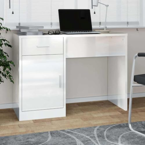 Myheimly Schreibtisch Bürotisch Arbeitstisch Computertisch PC Tisch Holztisch Büromöbel Laptoptisch mit Stauraum 100x40x73cm Hochglanz-Weiß