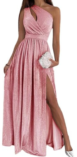 nicticsi Robe De Soiree Femme Chic Et Glamour Longue Elegant Ceremonie Mariage Maxi Robe Cocktail fête Droite Fluide Une Seule Manche Épaules Dénudées A Rose XL