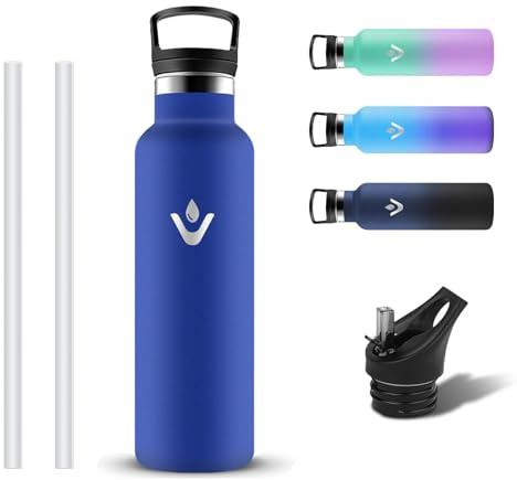 Grsta Trinkflasche Edelstahl, BPA-frei Trinkflasche 500ml, Auslaufsicher Thermoskanne mit Strohhalm, Thermosflasche Kinder mit 2 Deckel, Wasserflasche Kohlensäure Geeignet für Fitness, Gym, Sprudel