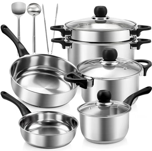 Topfset 12-teilig Edelstahl Kochgeschirr Kochtopfset Pfannenset Induktions Töpfe Set mit Kochutensilien Glasdeckel Bakelit-Griffe, Spülmaschinenfest, Durchmesser 16 18 20 24cm Silber