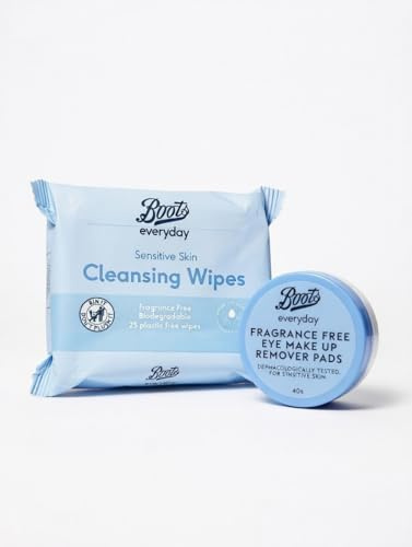 Boots Sensitive Skin Fragrance Free Set, 25 Wipes & 40 Eye Make Up Remover Pads, Gentle, Dermatologically Tested
