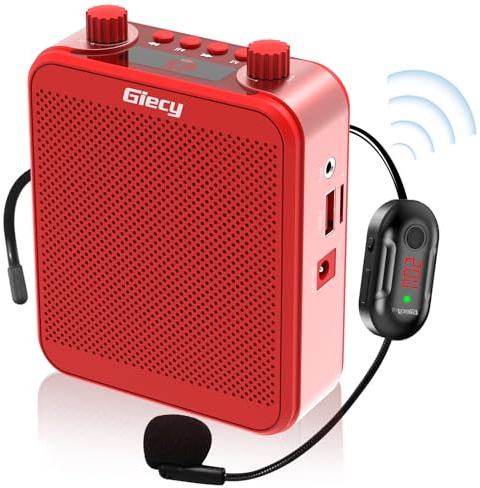 Giecy Amplificateur de Voix 30 W, Micro UHF sans Fil, Rouge | Batterie 2800 mAh, Bluetooth, TF/USB, FM et enregistrement; utilisation mains libres pour cours, visites et événements