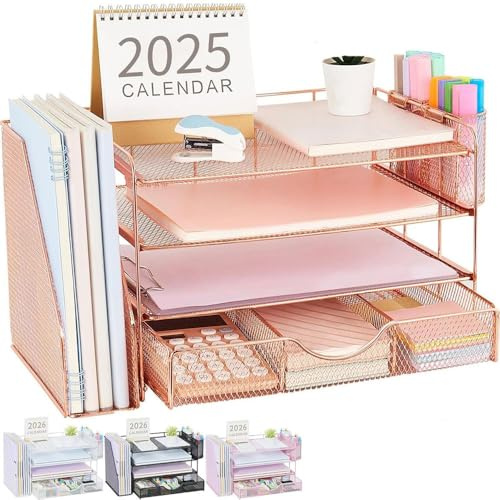Quhombo Desk Organiser with File Holder,4-Tier Desk Organisers and Accessories with 2 Pen Holders and Drawer,Paper Letter Tray Storage with Magazine Holder for Home Office Supplies(rosegold)