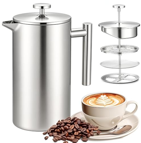 Crystals 600ml Stainless Steel French Press Coffee Maker, Double Wall Insulated Coffee Press with Filter System, Coffee Tea Plunger Brewer for Home Office Camping Travel