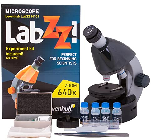 Levenhuk LabZZ M101 Moonstone STEM Microscope for Kids with Zoom 40-640x | Experiment Kit Included, Prepared Slides and Scientific Tools, for Biology, Illustrated Guide in English