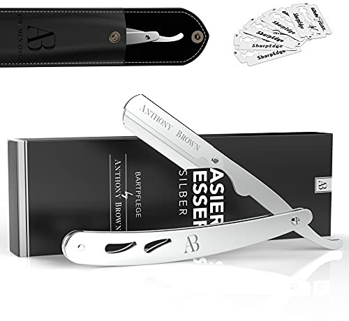 Anthony Brown Rasiermesser Edelstahl mit Wechselklinge und Etui, Silber | Shavette mit Wechselklinge, inkl. Etui, präzise Nassrasur, exakte Bartkonturen, für Herren
