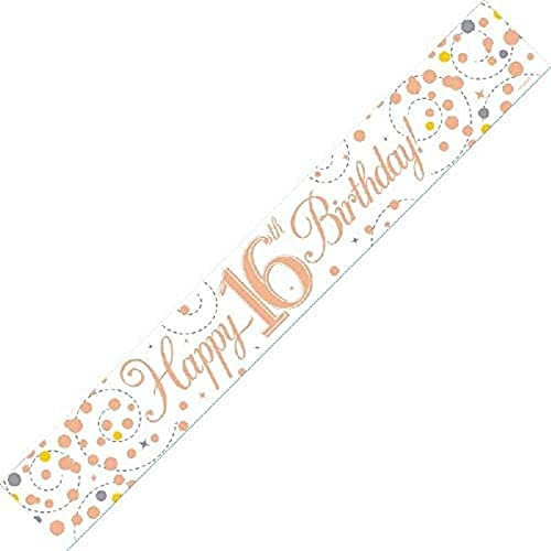 Banner zum 16. Geburtstag, 2,7 m, Weiß und Rotgold, holografisch