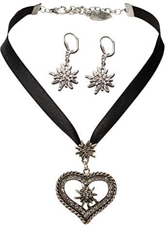 Alpenflüstern Trachtenschmuck-Set Satin-Trachtenkette Strassedelweissherz und Trachten-Ohrhänger Strass-Edelweiss - Damen-Trachten-Schmuck, Trachtenset Kette und Trachten-Ohrringe schwarz SET044