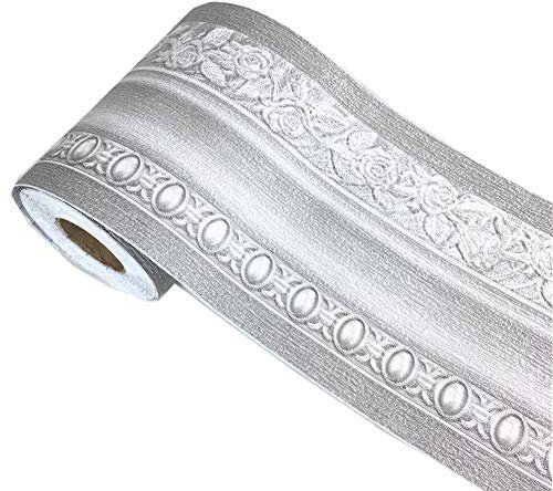 Elegant Floral Grey Wall Border Ceiling Molding Border Peel Stick Home Decorative Shelf Liners Wallpaper Decal Sticker for Bathroom Kitchen Backsplash,10cm by 5m