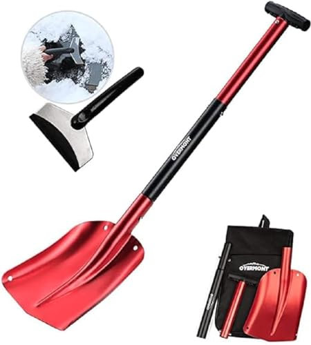 OVERMONT Pale da Neve Portatile Staccabile con Pala Piccolo per Rimozione Neve per Auto Borsa da Trasporto in Lega di Alluminio Manico PP Rosso