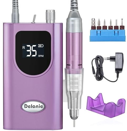 Delanie Elektrische Nagelfräser 35.000 U/min, Akku-Nagelfräser für Acrylnägel Nagellack, wiederaufladbare elektrische Nagelfeile mit Nagelbohrern, Verstellbare Geschwindigkeit und Richtung -lila