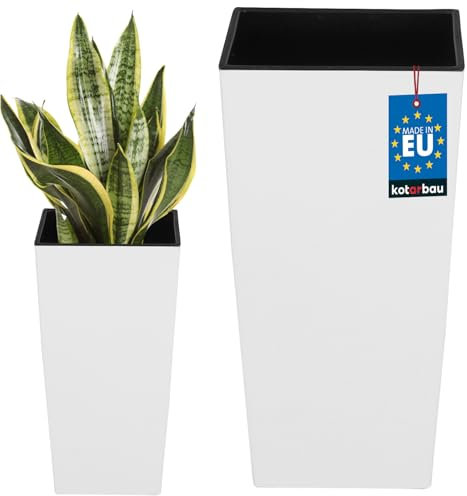 KOTARBAU® Macetero cuadrado con maceta interior, 140 x 140 x 265 mm, Macetero blanco mate, Macetero con inserto extraíble, Macetero de plástico, Tiesto decorativo, Macetero alto de interior y exterior