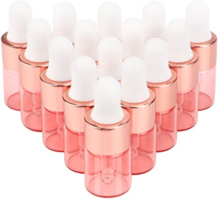 Remzndy 15 Pcs,2ml Pink Glass Dropper Bottle Essential Oils Bottle Sample Dropper Vials Perfume Aromatherapy Container With Rose Gold Cap