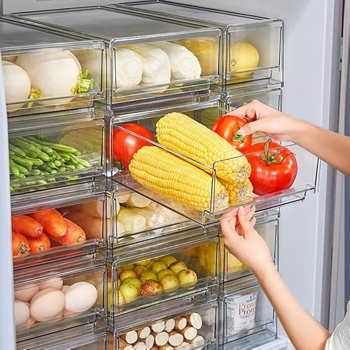 Buildec Fridge Organizer Bin, Stackable Storage Drawers Pull-Out Refrigerator Drawer Stackable Clear Organizer Freezer Organization Container for Kitchen & Pantry Extra Large