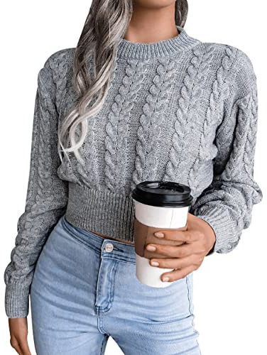 Maglione Cropped Donna Invernale Corto Pullover Crop Trecce Girocollo Largo Jacquard Manica Lunga Elegante Particolari Grigio S