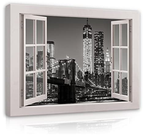 WallArena - Leinwand Bilder - Fensterbilck Fenster New York Skyline - 120x80 cm Leinwandbilder - Bild auf leinwand - Wandbild XXL groß Wandbilder für Wohnzimmer Schlafzimmer Wohnzimmerbilder Modern