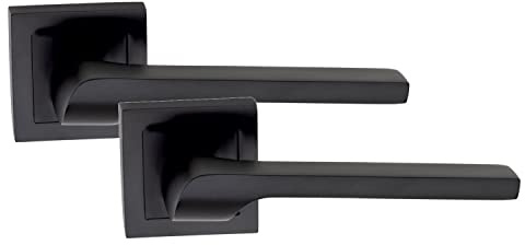 Golden Grace Sigma Lever Latch Door Handle on Square Rose Matt Black 1 Pair | Includes fixing spindle and screws for hassle-free fitting on interior timber doors, with a secure lock mechanism.