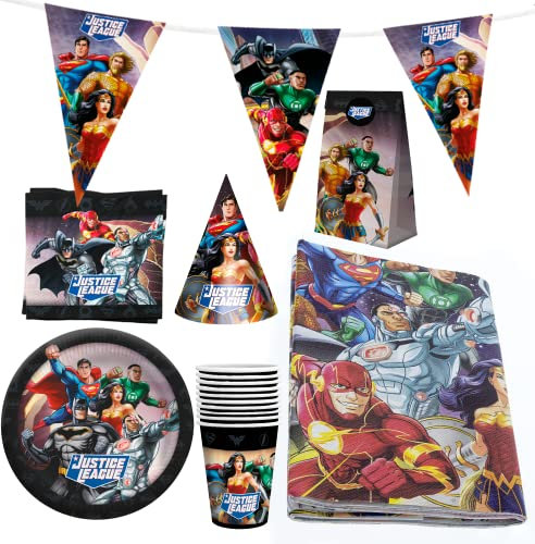 Party Factory `Justice League´ XXL-Set, 10 Becher, 10 Teller, 20 Servietten, 1 Tischdecke, 1 Wimpelkette, 10 Partyhüte und 10 Partytüten