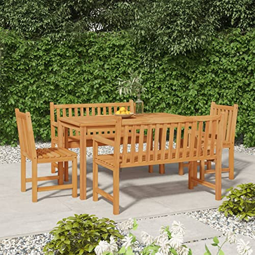 Festnight 5-TLG-1 Gartenmöbel Essgruppe Sitzgruppe Balkonmöbel Gartenset Sitzgruppe Terrassenmöbelset Gartengarnitur 2X Bank + 2X Stuhl + Tisch Massivholz Teak