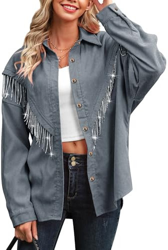 WIEIYM Damen Glitzer Jacke Rhinestones Fransen Knöpfen Jeansjacke Konzert Outfits Langarm Quasten Tshirt Pailletten College Party Jacken,Grau,S