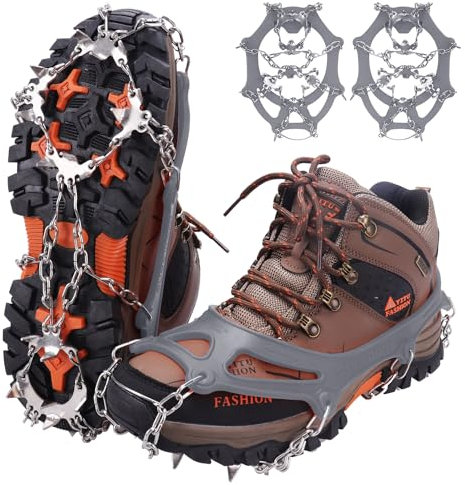 WIN.MAX Steigeisen Grödel Eisspikes, Schuhkrallen mit19 Edelstahl Zähne Spikes Schuhkrallen Grödeln Eisspikes für Klettern Bergsteigen Trekking High Altitude Winter Outdoor (Grau, M)