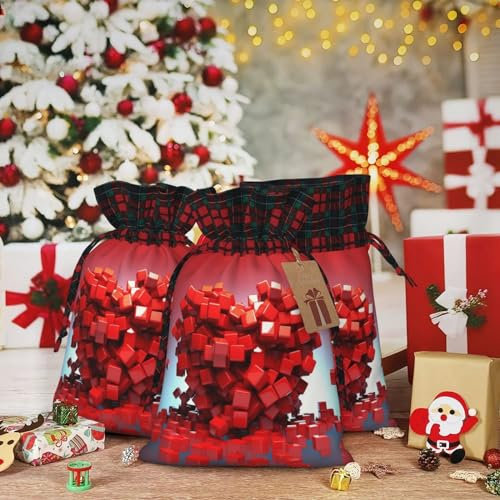 Geschenktüten mit Kordelzug, 21,6 x 30,6 cm, Weihnachts-Kordelzugbeutel, Liebesherz, Würfel, wiederverwendbar, Weihnachtsverpackungstasche für Party, Geschenktüten für Geschenke, Dekorationen, Urlaub