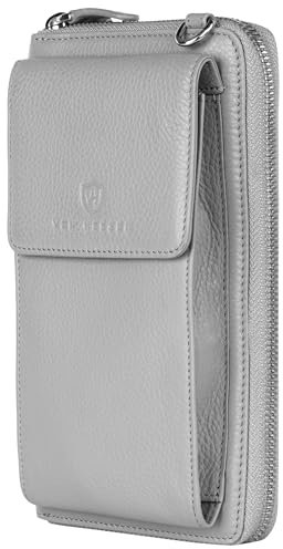 VON HEESEN Leder Handy-Geldbörse mit RFID-Schutz - Handytasche mit Portemonnaie für Damen & Herren aus echtem Leder - Wallet mit Münzfach - Geldbeutel für Frauen und Männer in Grau
