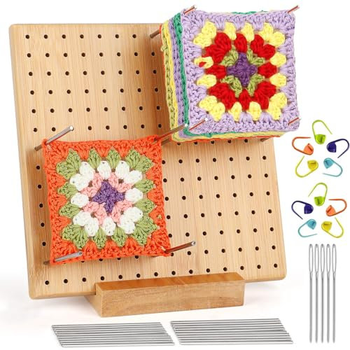 Dantolo Granny Square Spanner, blocco di blocco per Granny Square, 20 x 20 cm, in bambù con 20 perni in acciaio inox e 5 aghi e 10 segni, tavole di blocco Crochet, set completo.