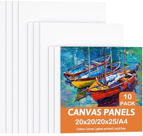 Toile Peinture, (20x20cm, 20x25cm, A4(21x29.7cm))10 Pré-Étirée Coton Sans Acide Toile Blanche Adaptées pour Acryliques, Peintures à l'huile, Gouache