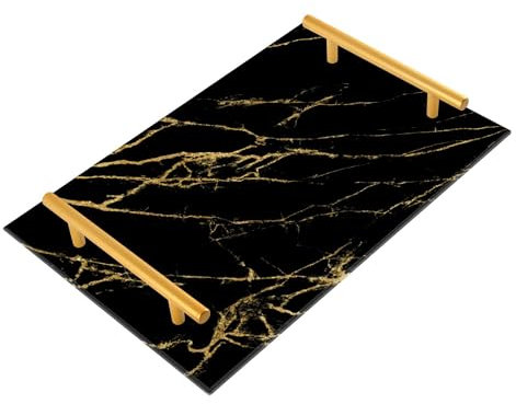Black Gold Marble Decorative Tray with Handles Breakfast Bed Tray Couch Trays for Jewelry Perfume Kitchen Farmhouse Food Service