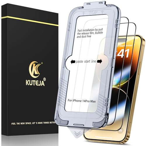 Kuteja 2 Pack for iPhone 14 Pro Max 6.7 inch Tempered Glass Screen Protector, Auto Dust-Elimination Installation Tool, [Military-Grade Protection] Full Coverage, No Bubbles/No Dust